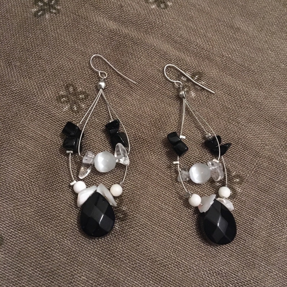 Vintage Black and White Floating Beaded Dangle Earrings